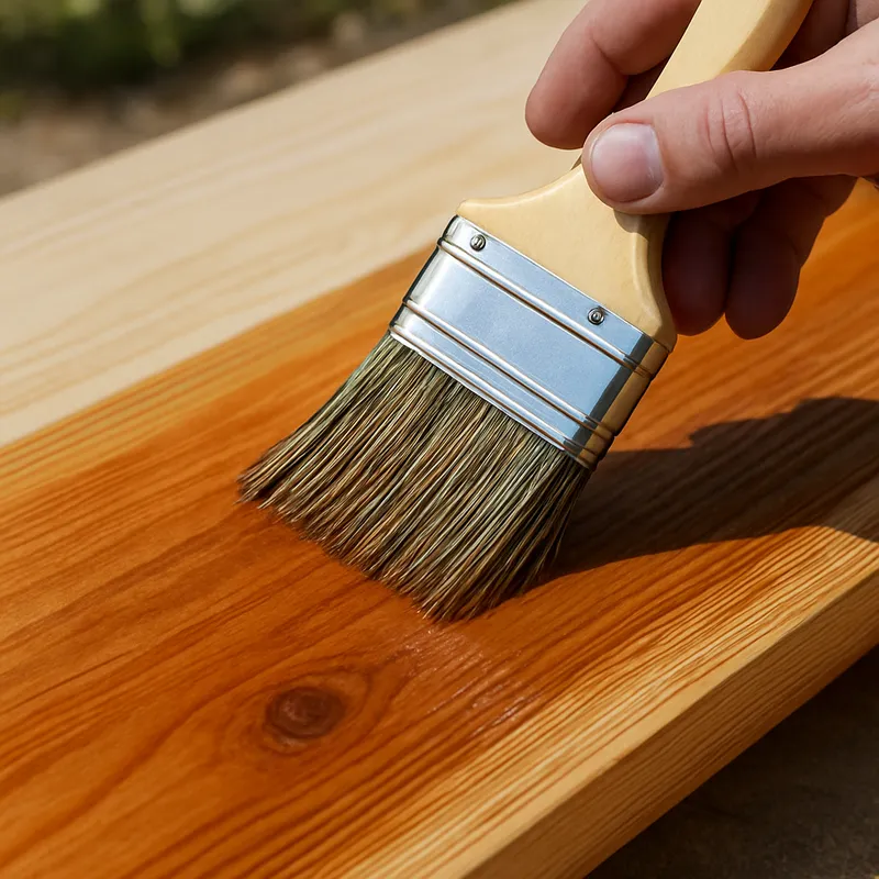 Brush applying an oil-based penetrating preservative to a raw cedar board