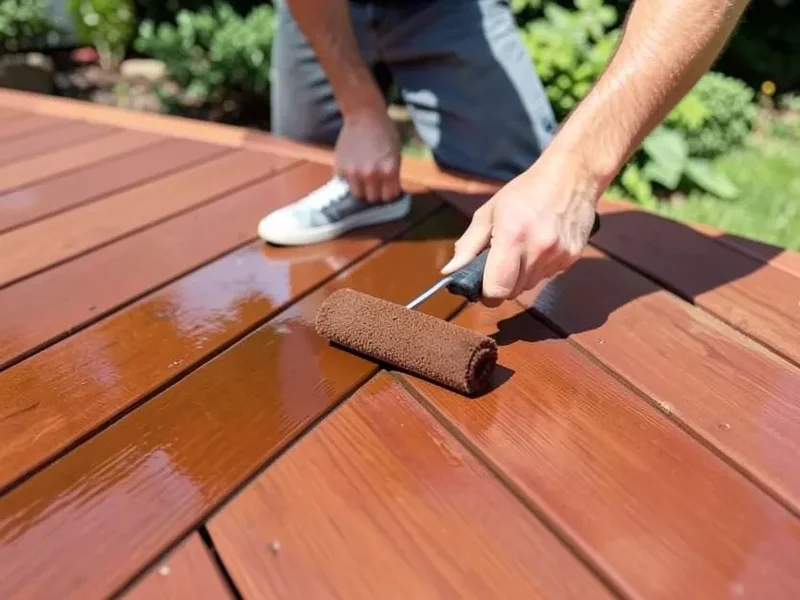 Person applying semi-transparent brown wood stain with a roller to deck boards