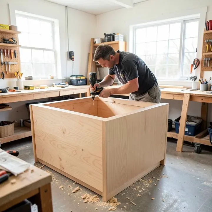 Carpenter assembling a birch plywood cabinet box in a workshop