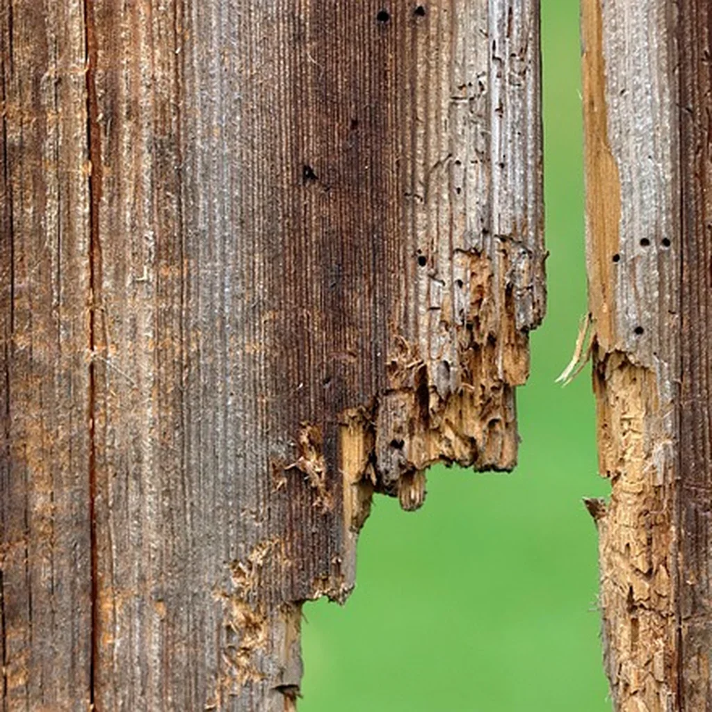 Close-up of decayed, rotted wood board showing genuine rot damage and splitting