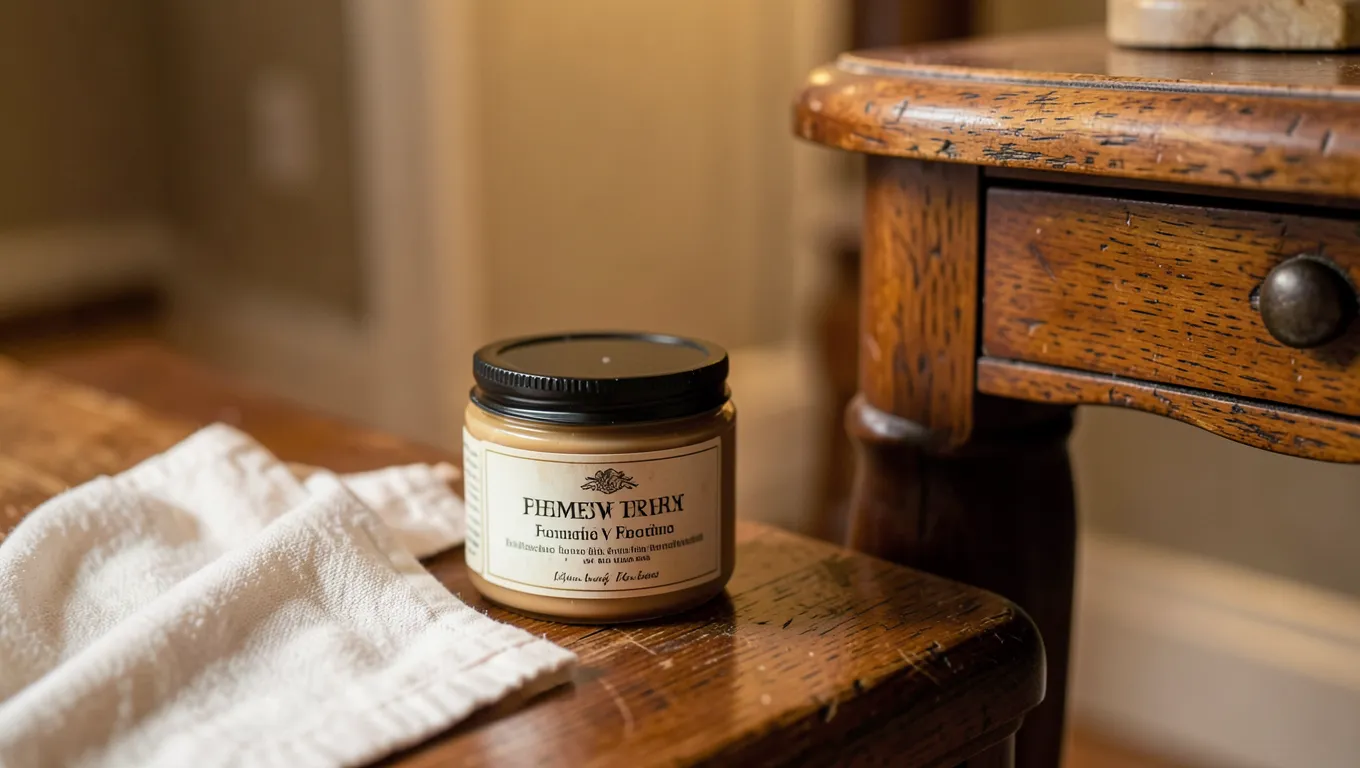 Jar of beeswax furniture polish beside a restored wooden side table