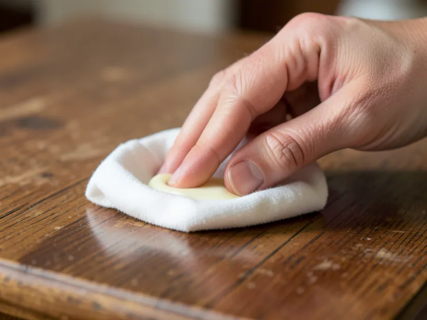 Hand applying beeswax furniture polish with a soft cloth on a wood tabletop