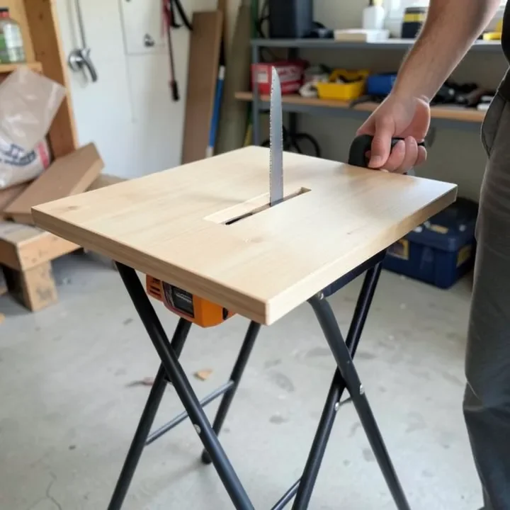 Compact benchtop table saw with flat table and blade slot on a folding stand