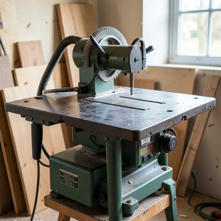 Stationary cabinet table saw with dust collection hose in a home workshop