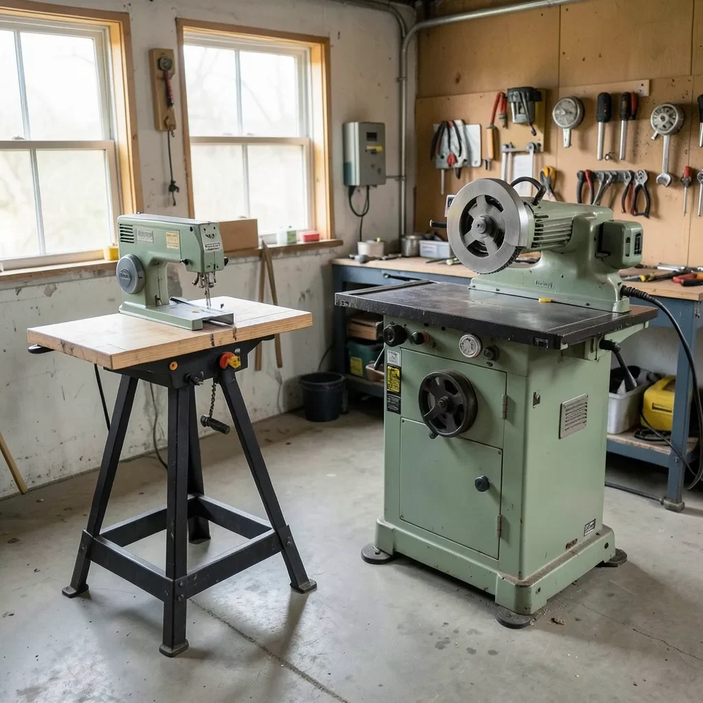 Compact benchtop table saw next to a large stationary cabinet table saw