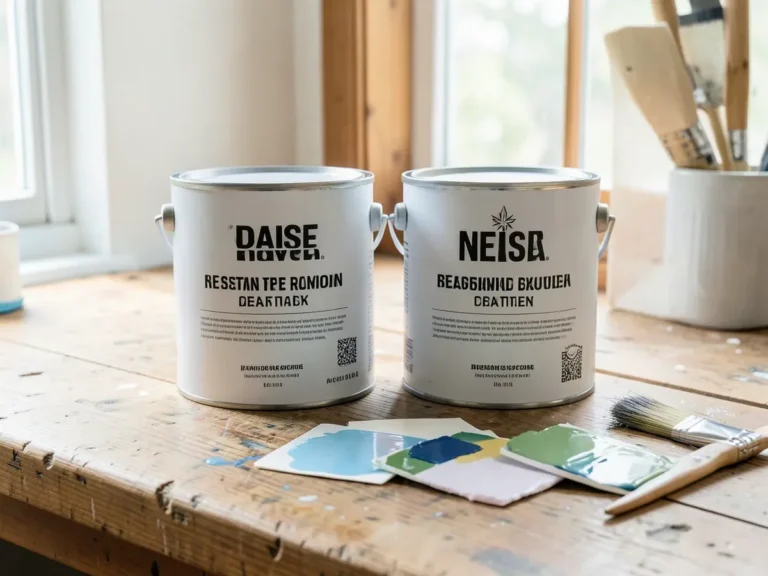 Two gallon cans of interior paint with color swatches and a brush on a workbench