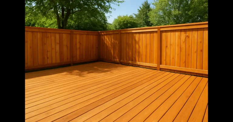 Cedar deck and fence freshly finished with a protective preservative stain