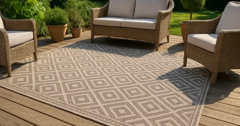 All-weather outdoor rug laid on a natural wood deck with wicker patio furniture