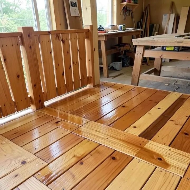 Cedar deck and fence freshly finished with a protective preservative stain Cedar deck and fence freshly finished with a protective preservative stain