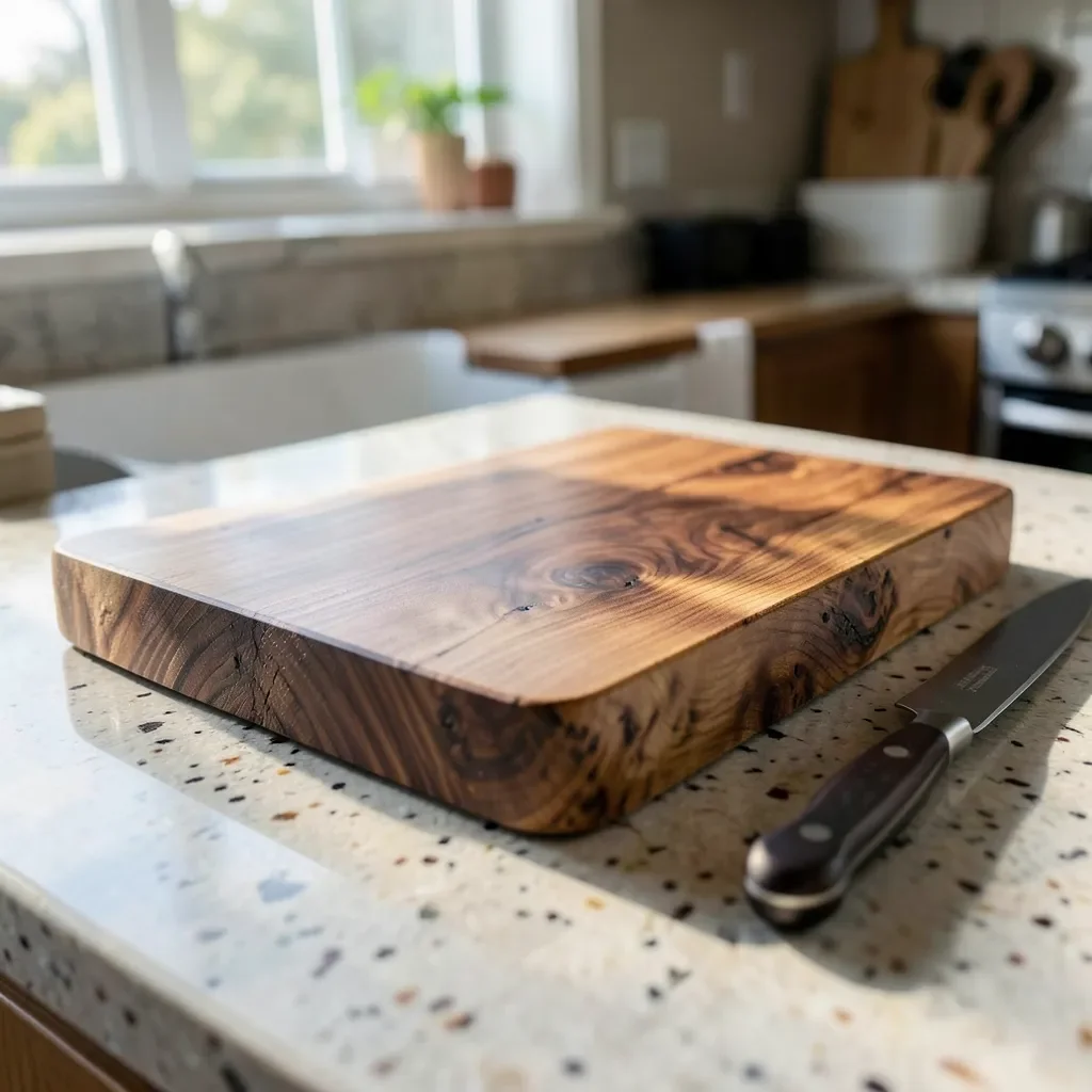 End-grain walnut cutting board on a kitchen counter with a chef knife