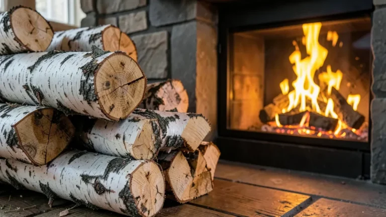 Birch firewood logs with white papery bark stacked next to a fireplace with bright yellow flames