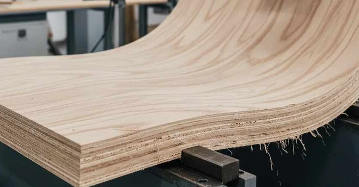 Birch plywood bending under a lab strength test, showing its layered plies