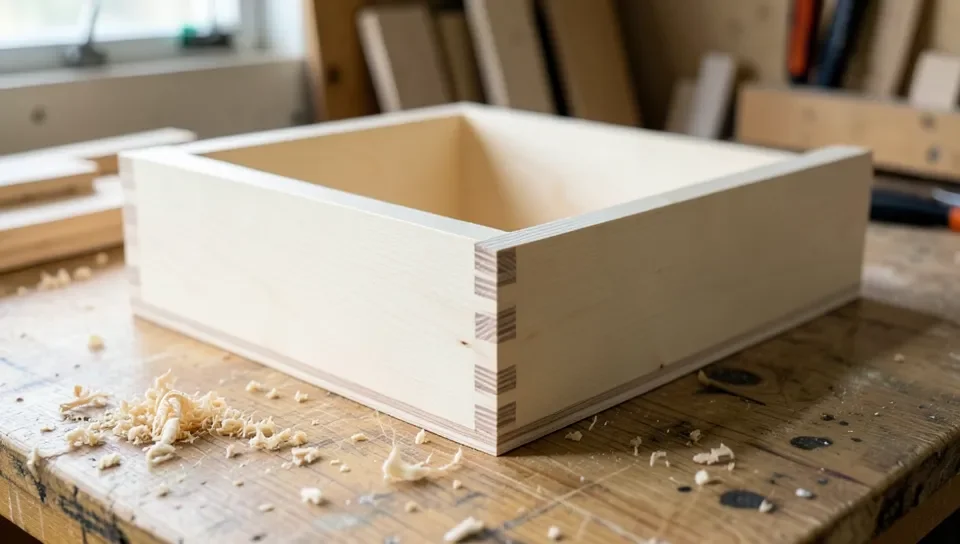 Finished birch plywood drawer box on a woodworking workbench showing veneer layers