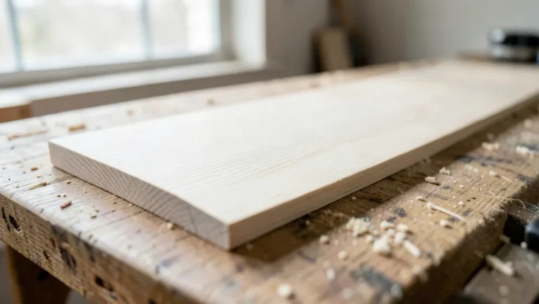 Sanded birch wood plank close-up showing pale color and fine straight grain