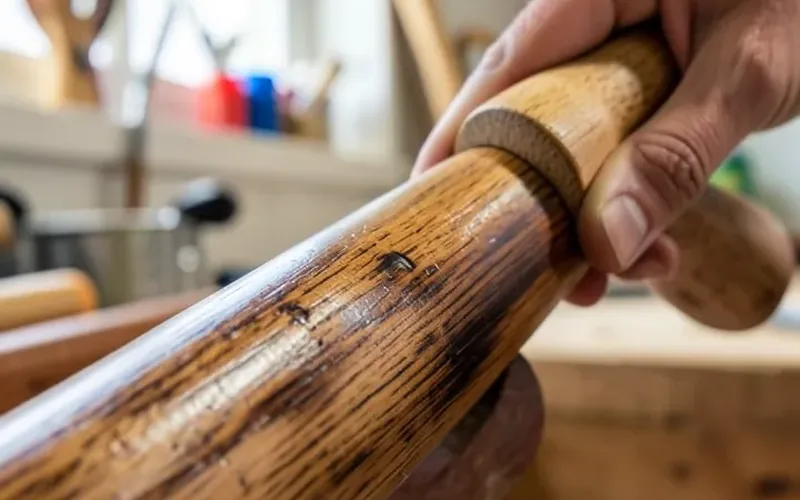 hand conditioning a wood baseball bat barrel with a bone tool to harden the surface hand conditioning a wood baseball bat barrel with a bone tool to harden the surface