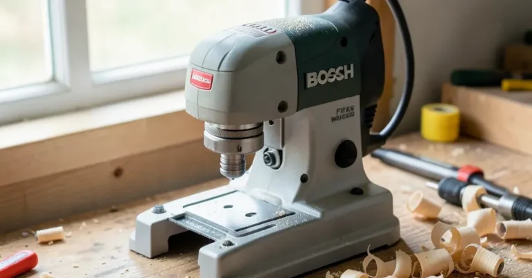 Bosch fixed-base wood router on a workshop bench with router bits and wood shavings