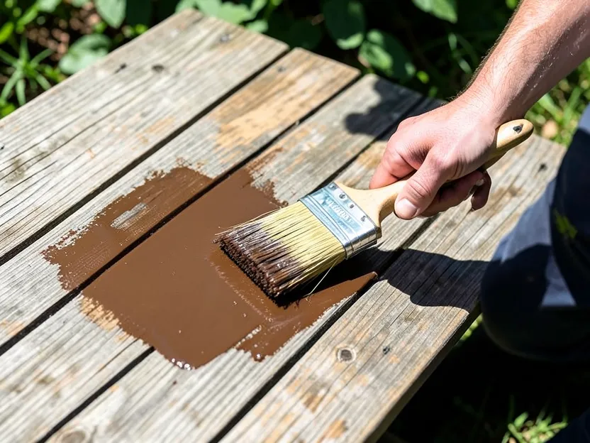 Brushing brown stain onto a wooden deck board with a wide paintbrush