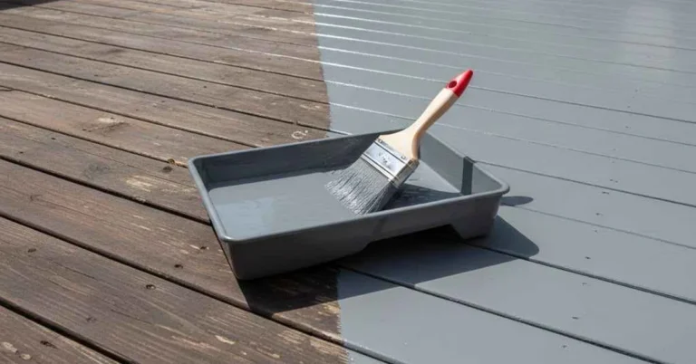 Half-painted deck showing stained wood next to fresh gray paint