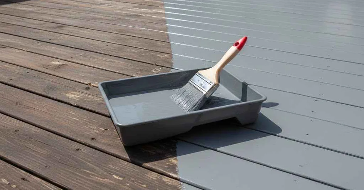 Half-painted deck showing stained wood next to fresh gray paint