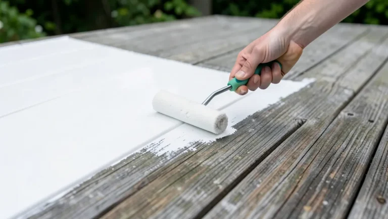 Hand rolling white deck paint over an old stained wood deck floor