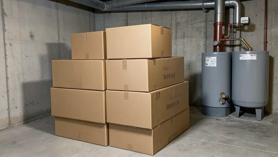 Cardboard boxes stored directly on a basement floor, a common termite entry point