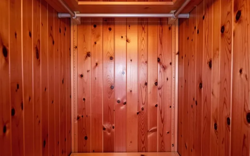 Empty closet interior fully lined with aromatic eastern red cedar wood planks Empty closet interior fully lined with aromatic eastern red cedar wood planks
