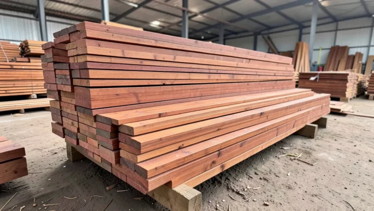 Stacks of cedar wood planks at a lumber yard