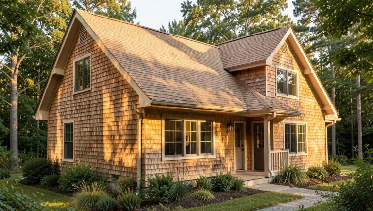 House exterior with natural cedar wood shingle siding and cedar shingle roof