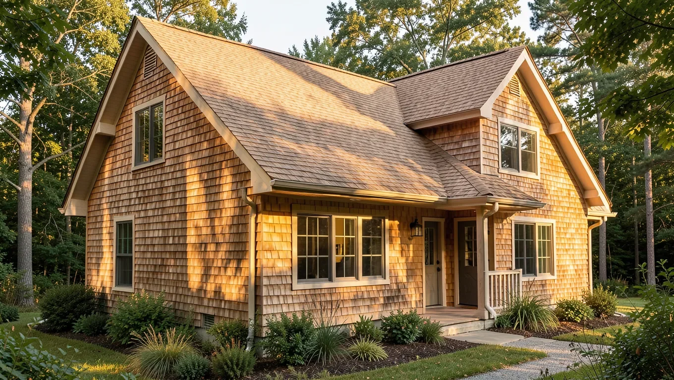 House exterior with natural cedar wood shingle siding and cedar shingle roof
