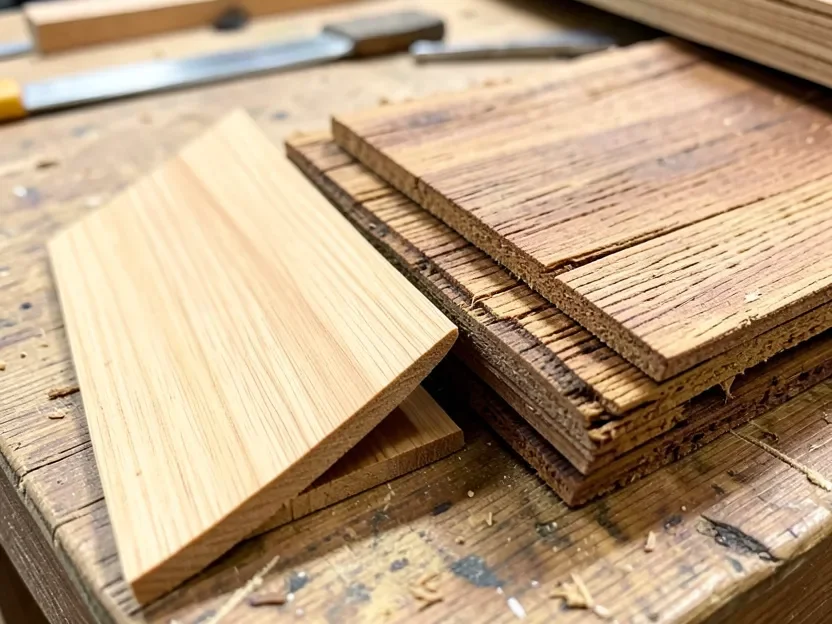 Smooth sawn cedar shingle next to a thicker hand-split cedar shake, showing the texture difference