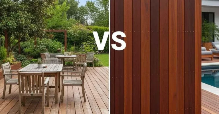 Cedar deck furniture on the left compared to mahogany wood paneling on the right for outdoor use