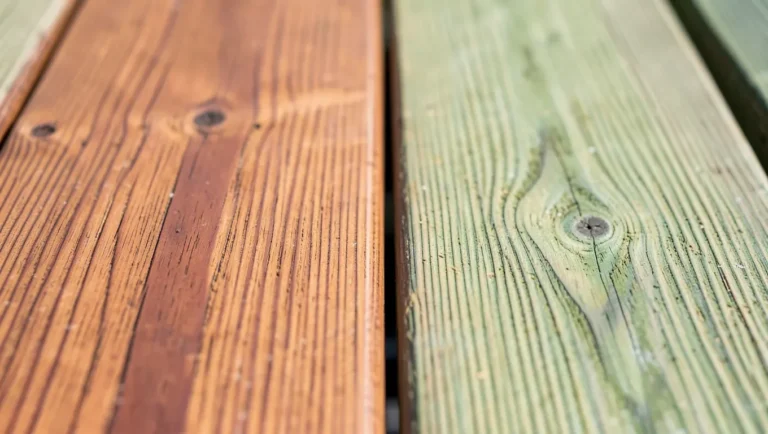 Cedar decking board next to pressure-treated lumber board showing the natural color difference