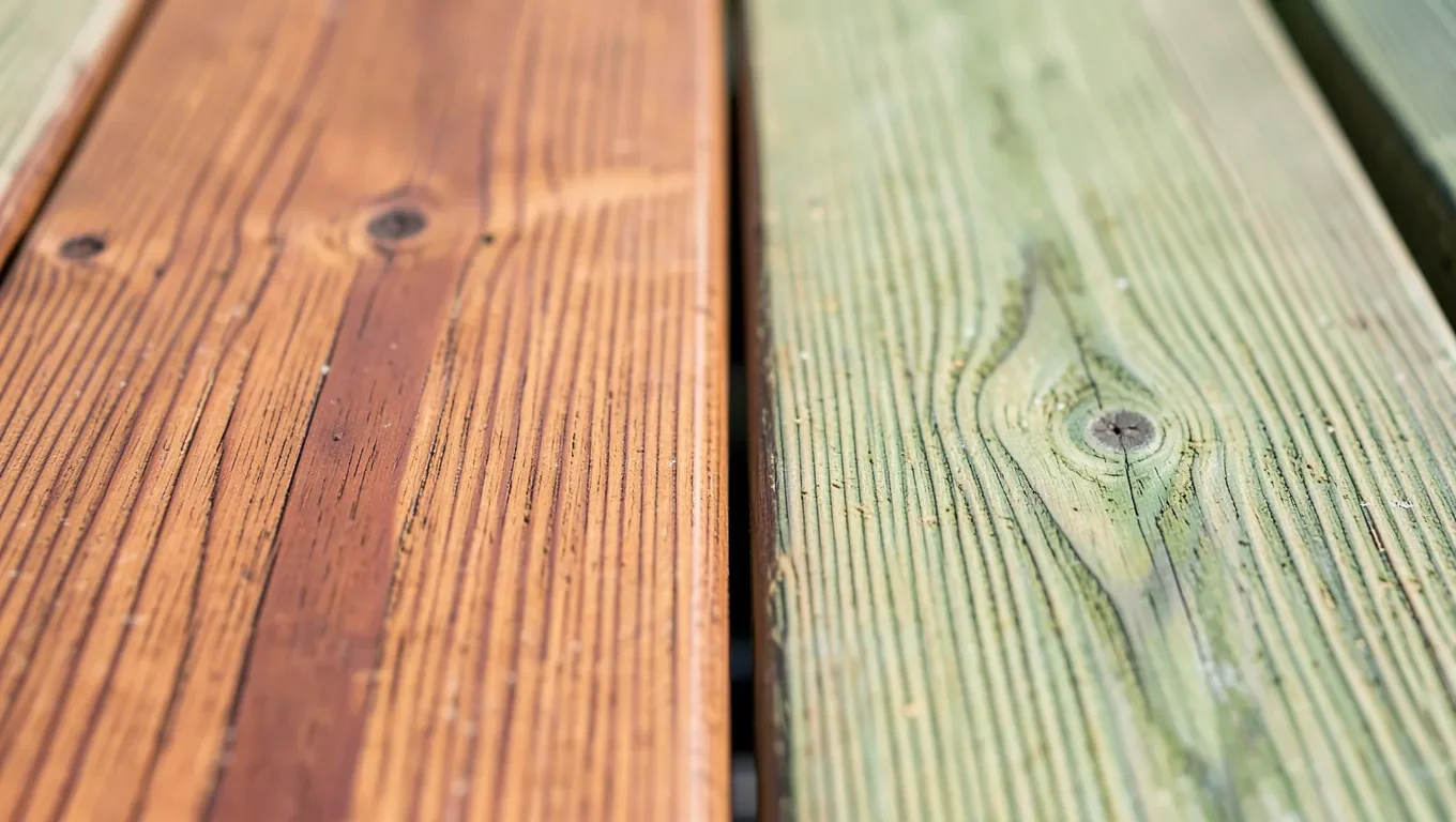 Cedar decking board next to pressure-treated lumber board showing the natural color difference