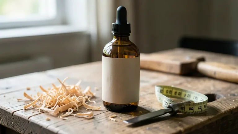 Amber dropper bottle of cedarwood oil concentrate beside cedar wood shavings and a chisel on a workbench