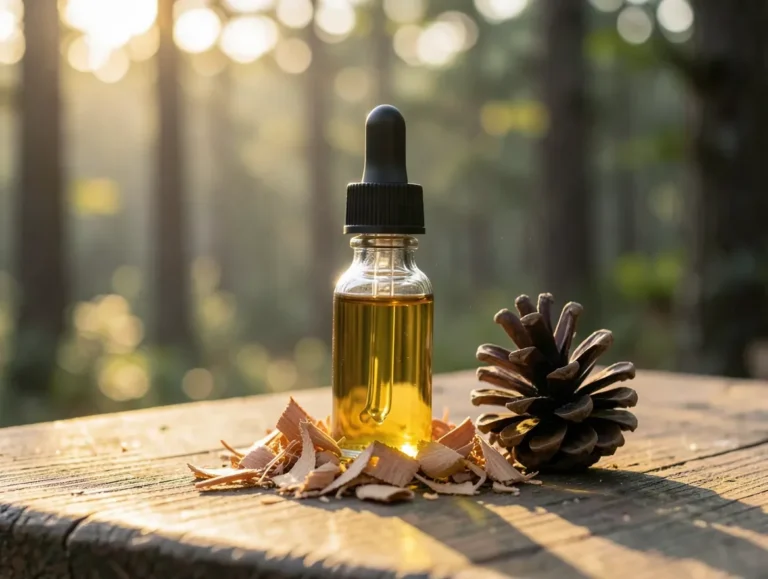 Glass dropper bottle of pure cedarwood essential oil on a workbench with cedar shavings