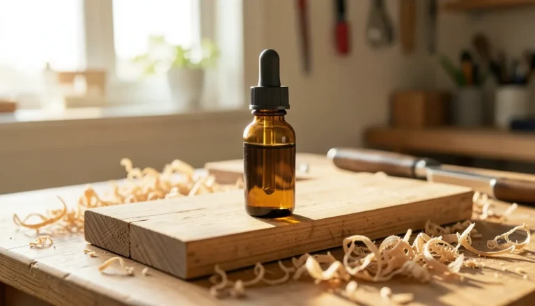 Bottle of pure cedarwood oil on raw cedar wood, the kind sold at Home Depot for wood care