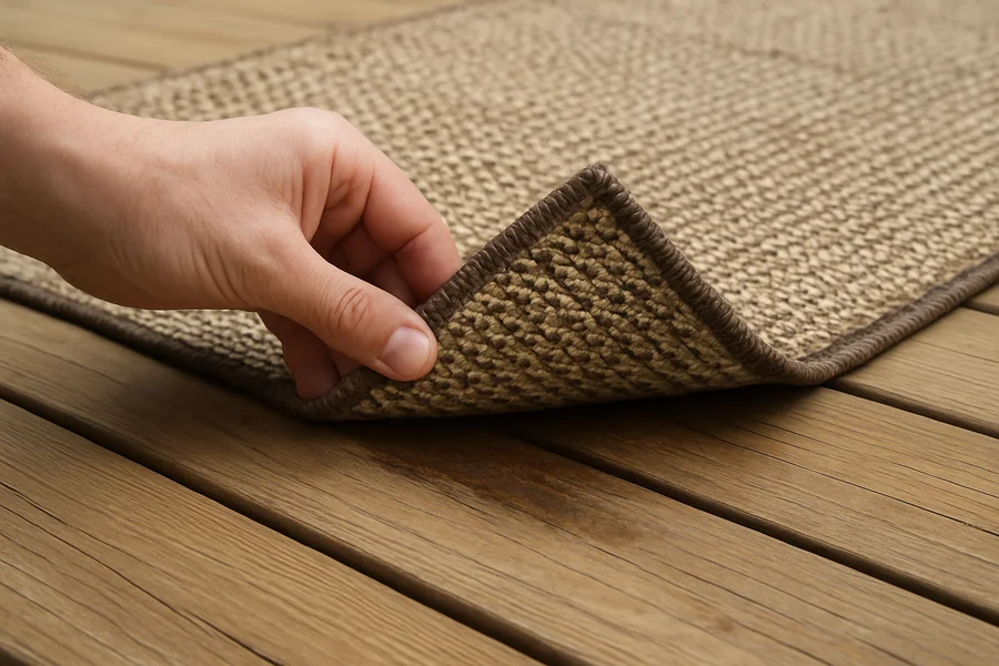 Lifting the corner of an outdoor rug to check for moisture underneath Lifting the corner of an outdoor rug to check for moisture underneath