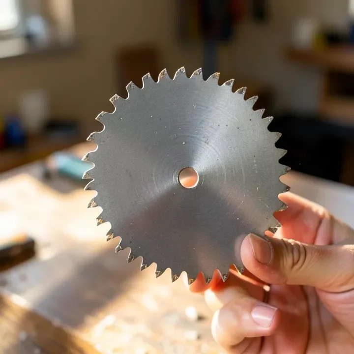 Close-up of a circular saw blade showing carbide-tipped teeth