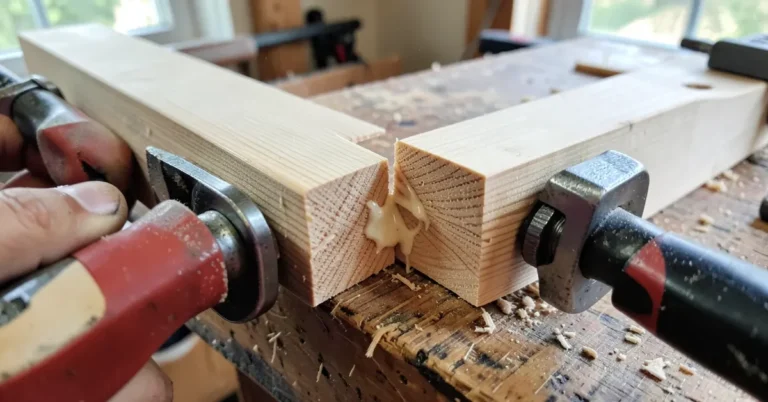 Clamped cedar boards with glue squeeze-out at the joint