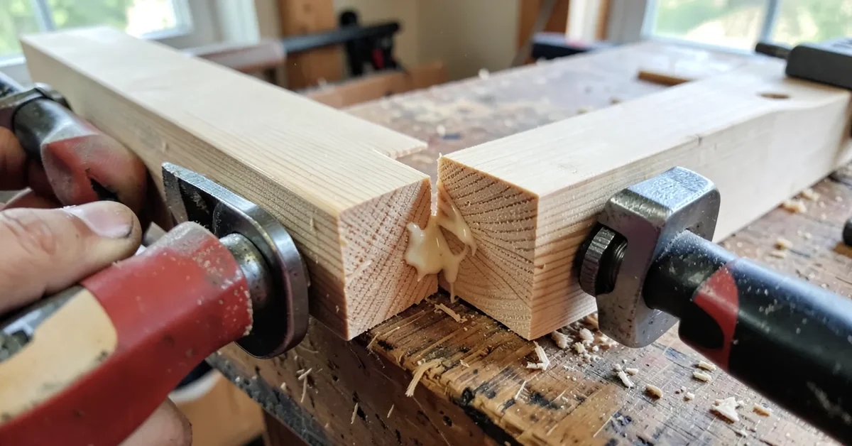 Clamped cedar boards with glue squeeze-out at the joint