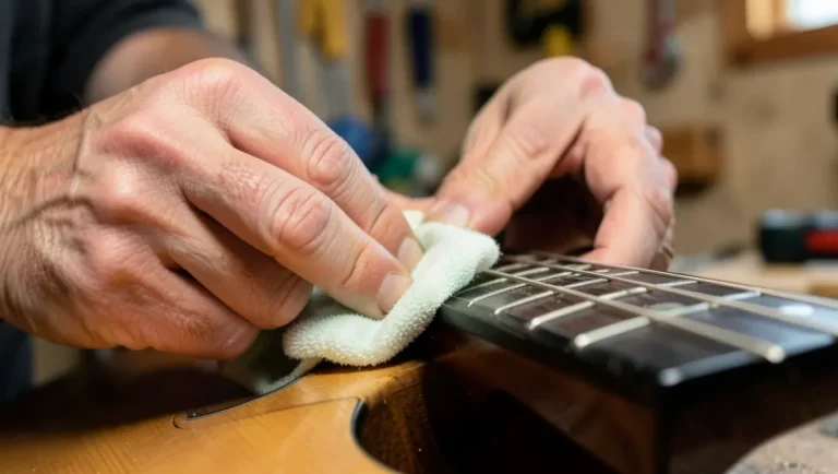 Cleaning a maple guitar fretboard with a soft cloth