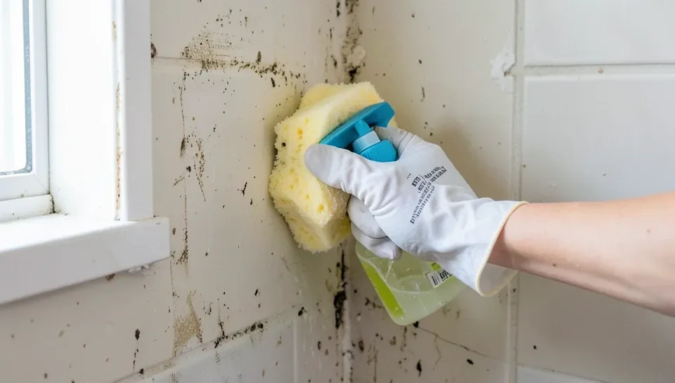 Cleaning mold off a wall with a sponge before applying primer