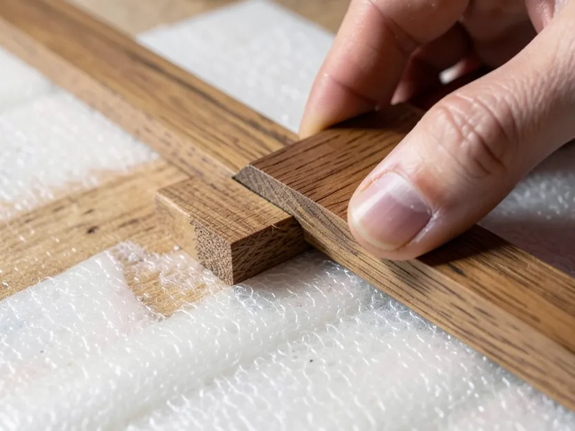 Click-lock engineered hardwood planks being joined during a floating floor installation