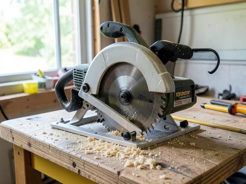 A compound miter saw set up on a workbench for angled trim cuts