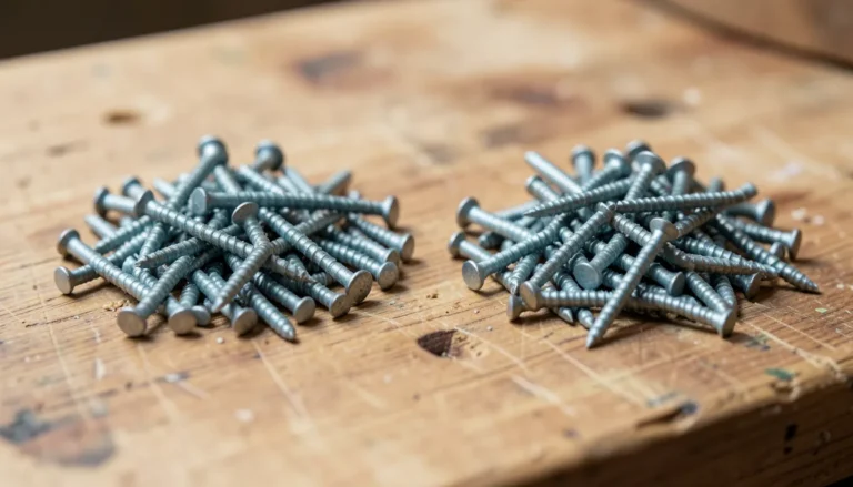 Two piles of 15-gauge finish nails on a workbench, comparing DA and FN head styles