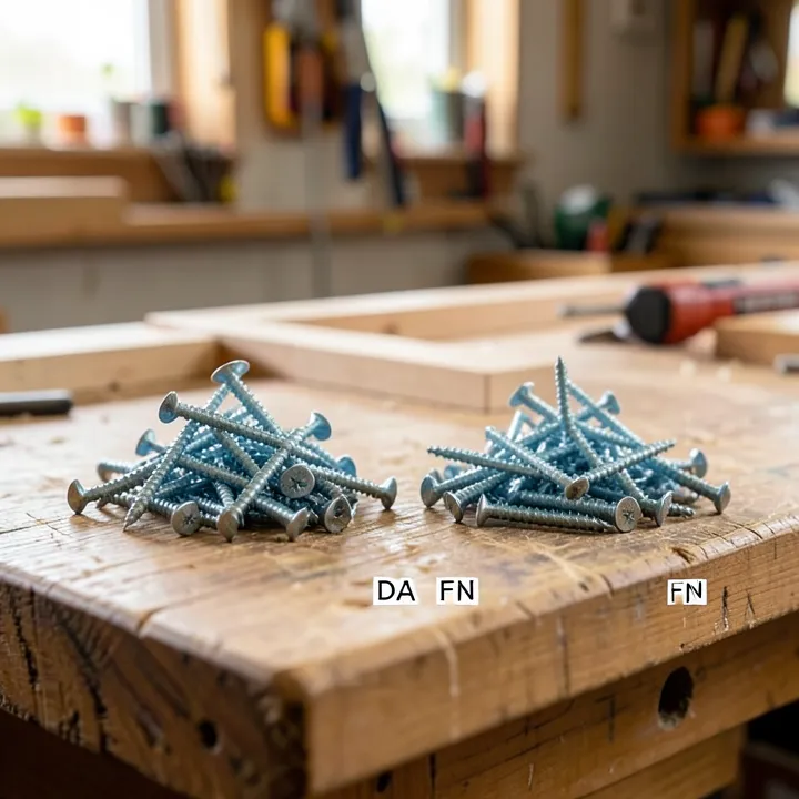 Two piles of 15-gauge finish nails on a workbench, comparing DA and FN head styles