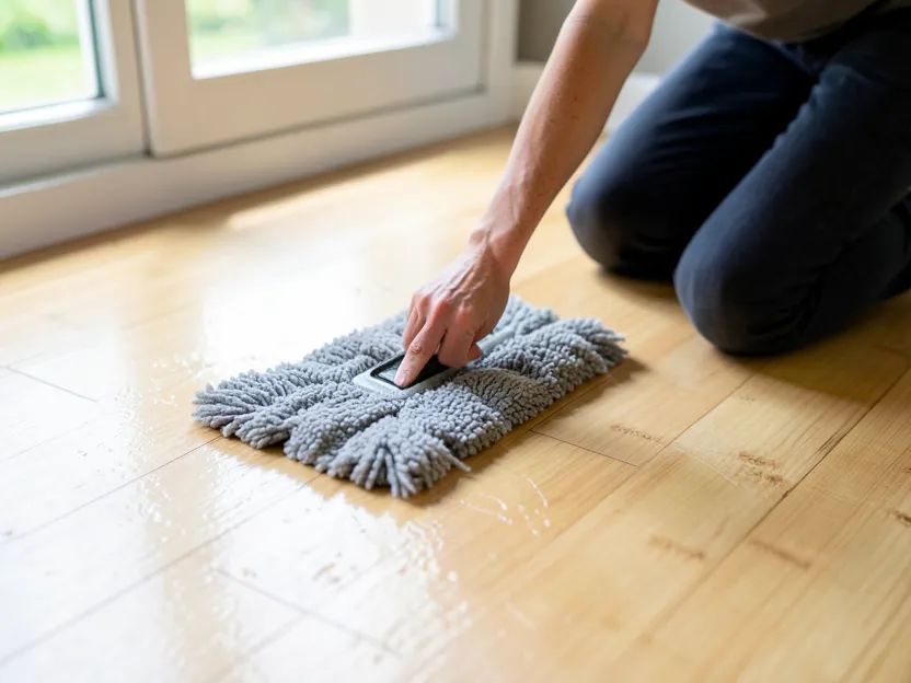 Person damp-mopping a bamboo floor with a gray microfiber mop Person damp-mopping a bamboo floor with a gray microfiber mop
