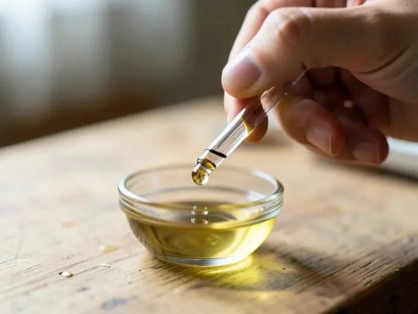 Hand using a glass dropper to dilute cedarwood essential oil into a carrier oil