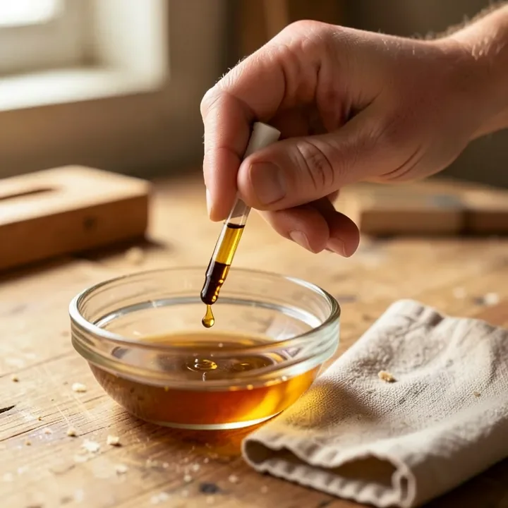 Dropper adding cedarwood oil concentrate into a glass bowl for diluting before use on wood