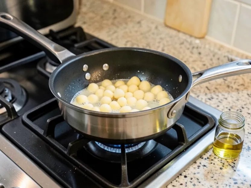 Beeswax pellets melting in a double boiler with a small jar of oil nearby